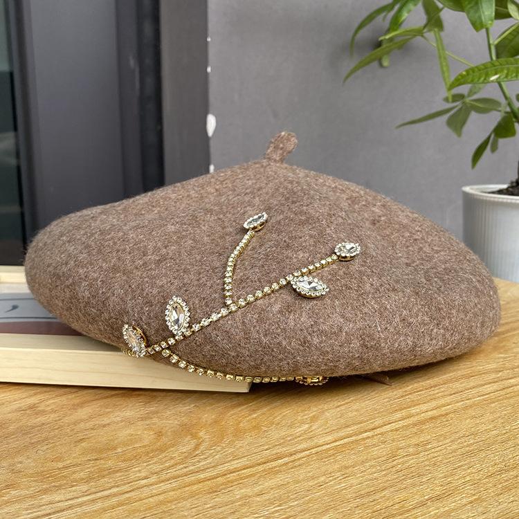 New Rhinestone Beret Fashionable Versatile Woolen Hat Autumn and Winter Three-dimensional Thickened Women's Painter Hat Tide