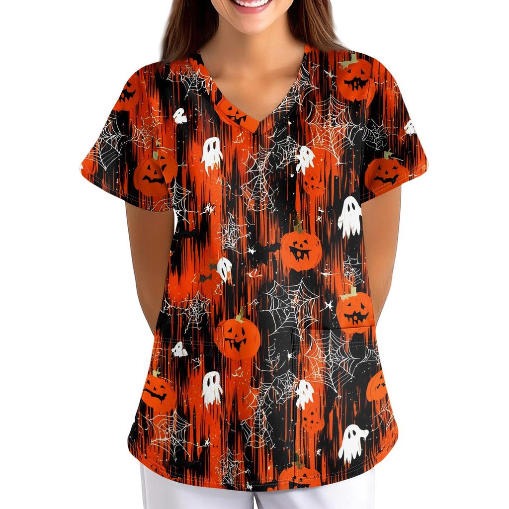 Women's Halloween Print Loose Fit V Neck Short Sleeve Medical Scrub Top with Pockets for Healthcare Professionals Comfortable Workwear