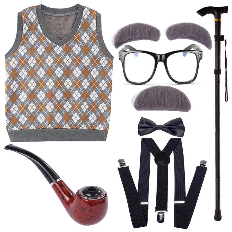 Children's Halloween Grandpa Costume Set with Beard, Scepter, Cigarette Holder, Vest, Bow Tie, and Dress Props for Performances.