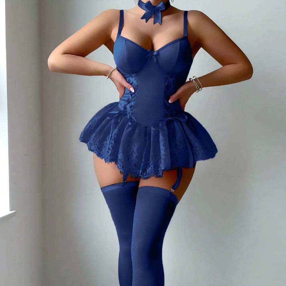 3 Piece Pink Sexy Dresses Women Lace Lingerie Mesh Pure Desire Sling Strap Shapewear Bandage Waist Shaping Dress+Thong+Socks Set