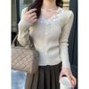 Herbst Winter V-Ausschnitt Langarm Strick Damen Pullover Top Lässig Einfach Spitze Büro Unterziehshirts Damen Süß Basic Slim Fit Knöpfe Pullover