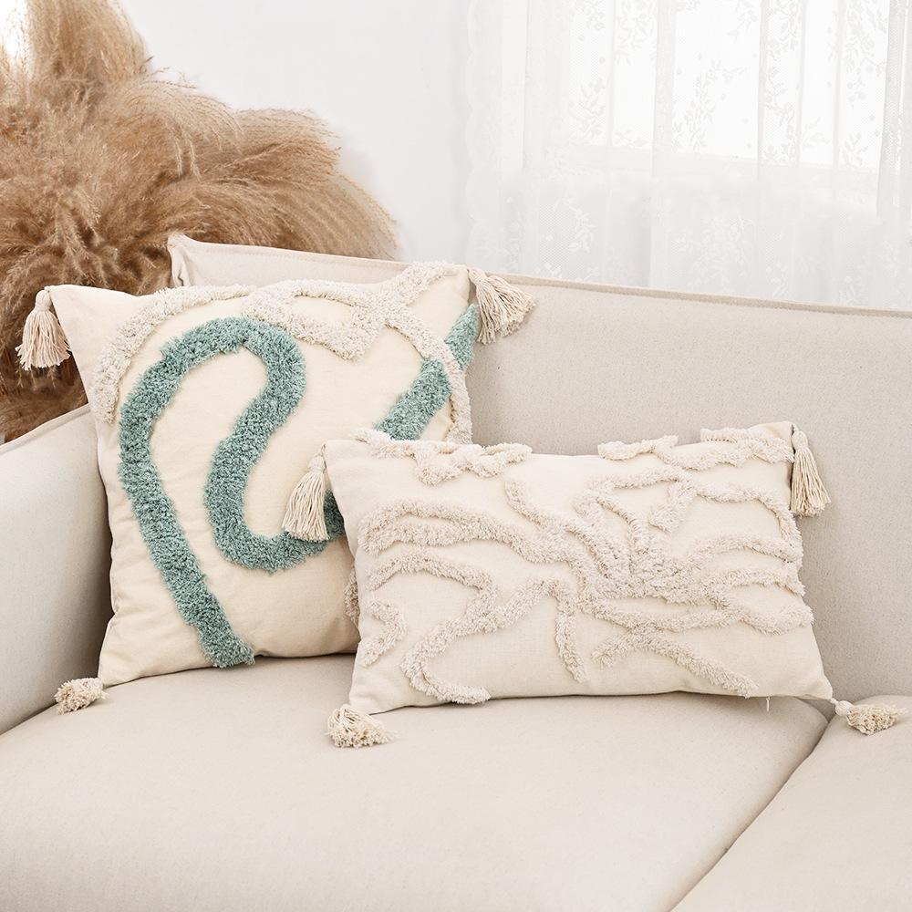 Funda de Almohada Estilo Étnico Bohemio Funda Cogines De 45x45 Algodón Jacquard Bordado Tufted Beige Cojín Decorativo Fundas
