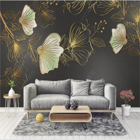 Moderne Tapete für Wohnzimmer Leichter Luxus Goldene Linie Blume Nordisch TV Sofa Hintergrund Wandpapier Heimdekor Wandbild