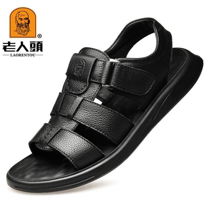 Men's Green Middle-aged Men's Sandals First Layer Cowhide Open-toed Outdoor Leisure Sports Elderly Head Sandals