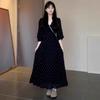 French Black V-Neck Polka Dot Long Sleeve Women's Dress, A-Line Slim Fit Cinched Waist, Spring/Autumn Style