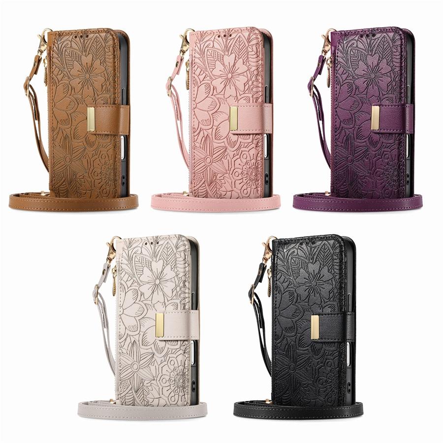 3-in-1 Crossbody Handyhülle aus PU-Leder mit floraler Prägung für OPPO/VIVO/Redmi 6 Kartenfächer + Reißverschluss-Münzfach + Ständer & Abnehmbarer langer Schultergurt