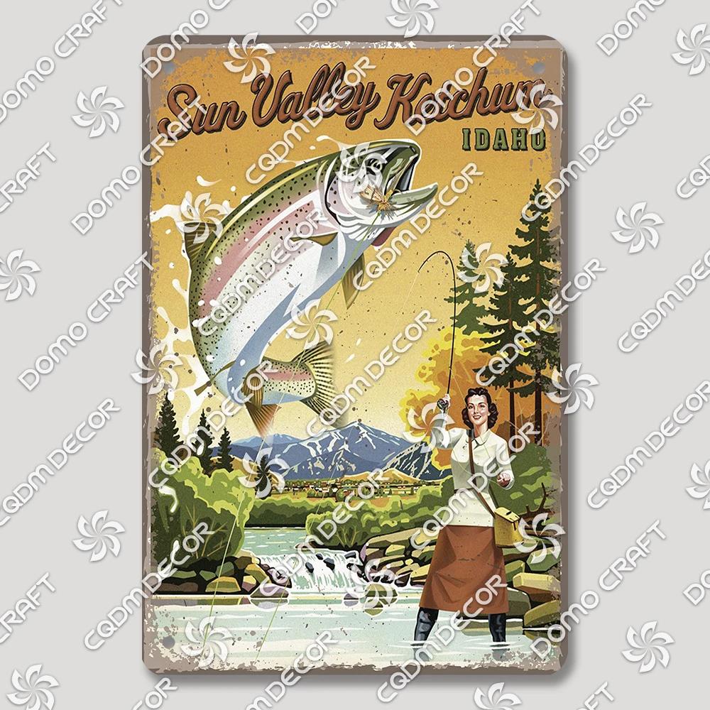 Vintage Znak Metalowy Blaszany Dziewczyny Wędkujące Retro Kobieta z Psami Dekoracja Ścienna dla Klubu Wędkarskiego Dom Wiejski