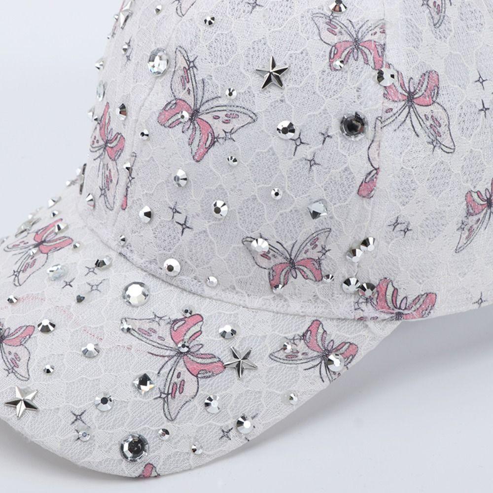 Lace Bow-Knot Rhinestone Baseball Cap Adjustable Lightweight Women'S Sun Hat Sun Protection All-Match Beach Hat Spring Summer