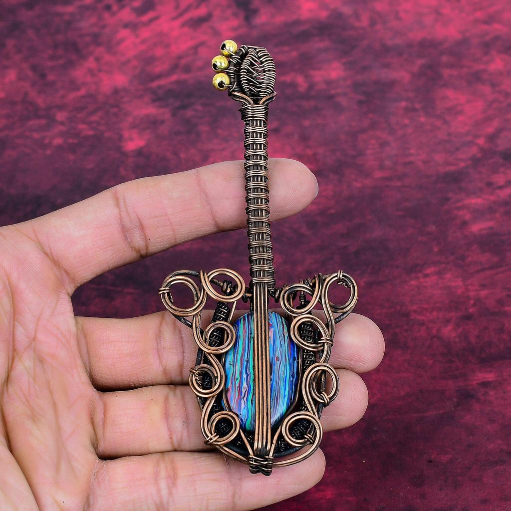 Rainbow Calsilica Gemstone Pendant Guitar Pendant Copper Wire Wrapped Jewelry