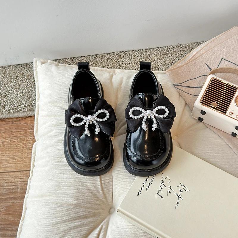 Children's Leather Shoes Spring Autumn Elegant Girl Princess Shoes Fashion Bowknot Chic Kids Black Thick Bottom Mary Jane Shoes