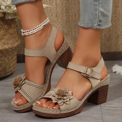 European and American New Medium-heeled Women's Sandals Large-size High-heeled Sandals Large Flower Decoration One-word Buckle with Thick Heel