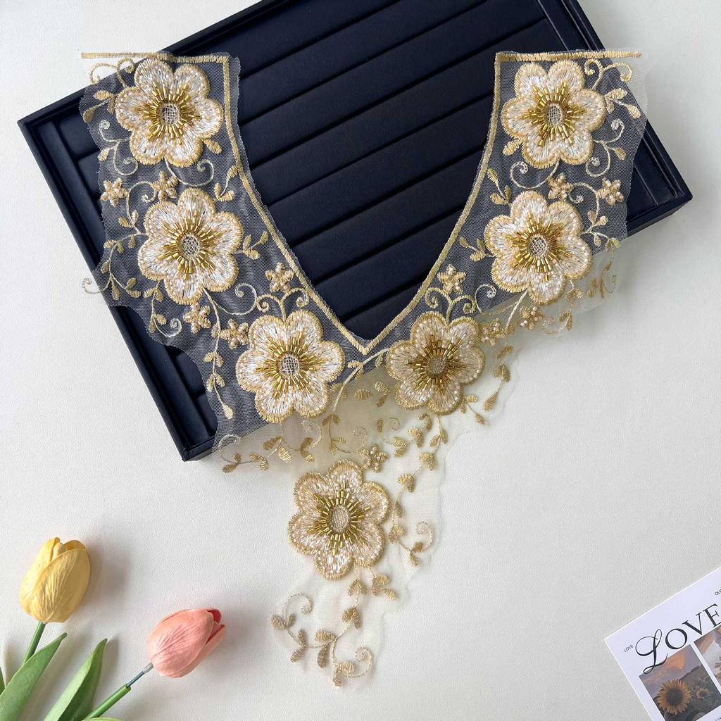 Gold V-Neck Handmade Beads Three-Dimensional Embroidery Flower Cloth Sticker Clothing Cheongsam Dress Decorative Accessories Cloth Sticker Accessories