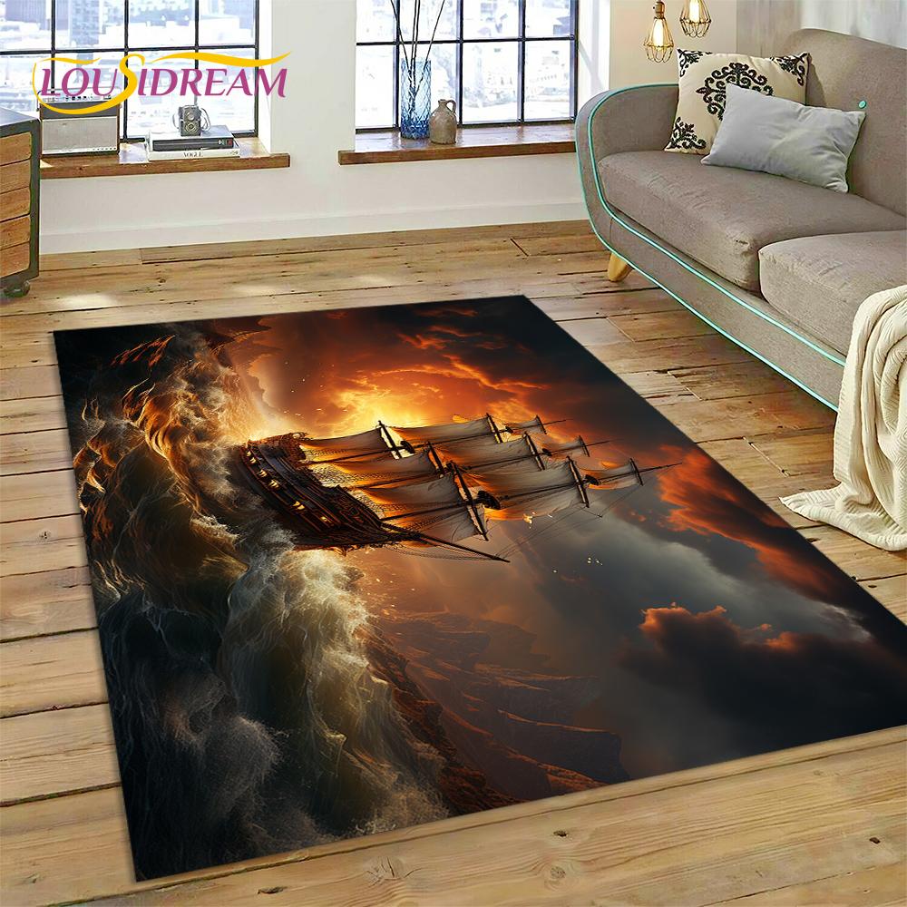 Ancient Pirate Ship Boat,Barque,Sailboa Rug Carpet for Living Room Bedroom Decor,Floor Mat Non-slip Decoration for Sofa Doormat