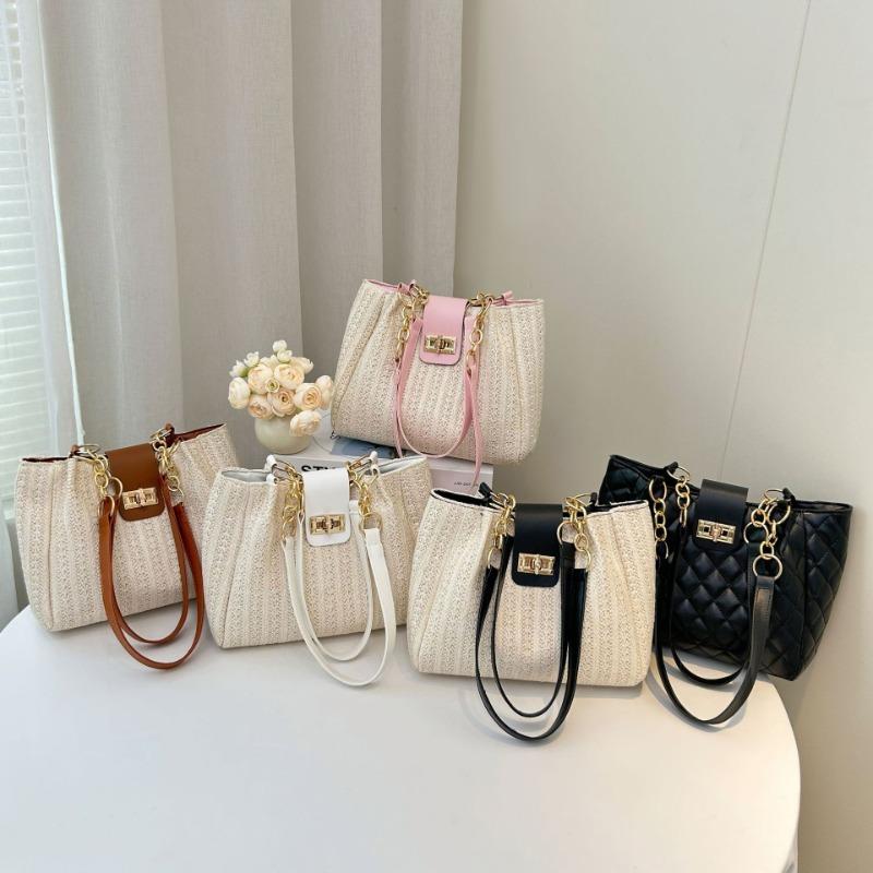 Straw bag women's new fashion lock woven shoulder bag summer popular tote bag one