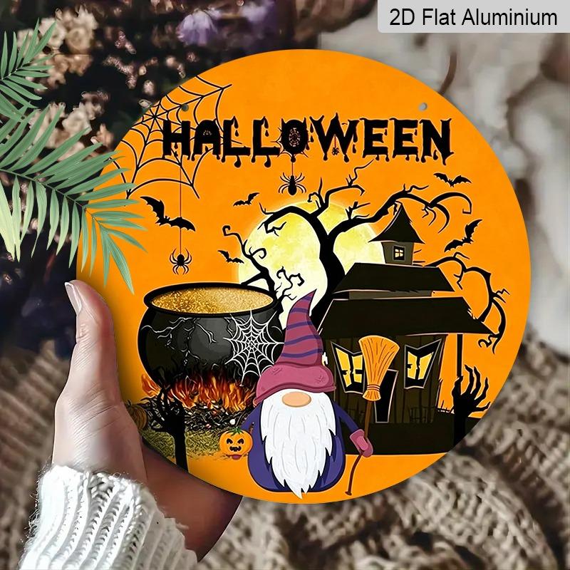 2D Flat Aluminum Decorative Plaques and Ornaments Sign, Halloween Hanging Plaque with Witch Gnome, Haunted House, Cauldron, Pumpkin and Bat Design