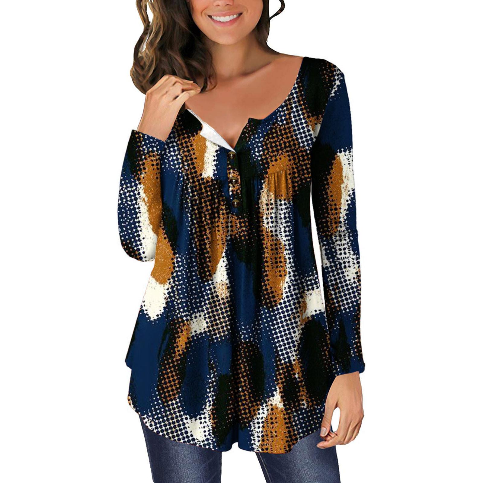 

Women s Long Sleeve Tunic Loose Tops Casual Plus Size Tops Pleated Tunic Button Down Casual Summer Spring T-Shirts Tops for Women L тёмно-синий