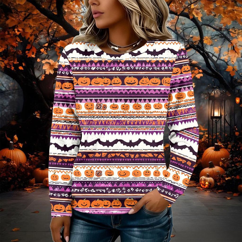 Women's Long Sleeve Flannel Top with Halloween Print for Fall Holiday