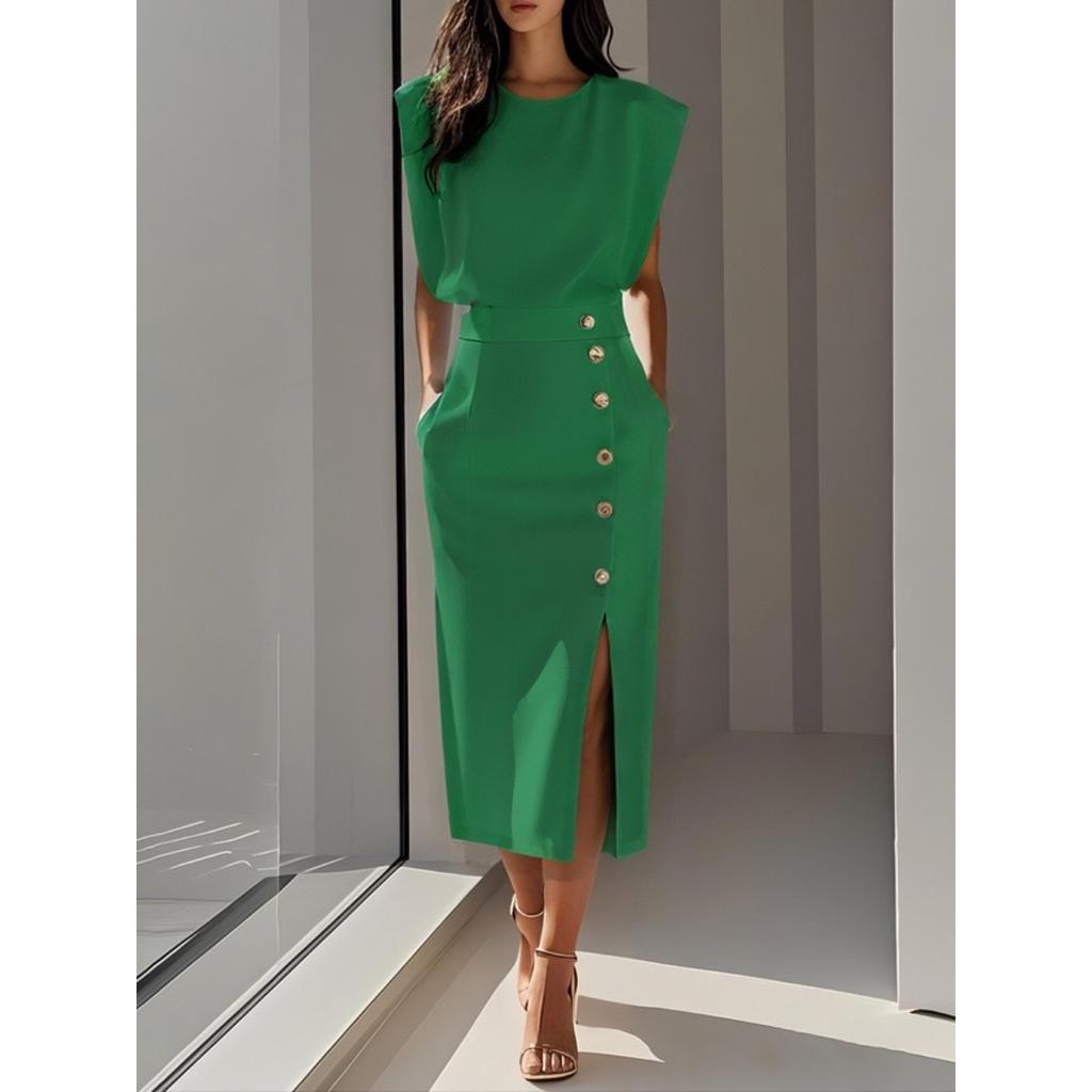 Women's  Solid Color Long Sleeves Elegant Midi Dress with Button Details and Side Slit - Crew Neck