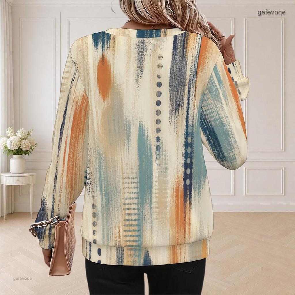 Women Plus Size Round Neck Long Sleeve Ribbed Cuffs Geometric Printed Sweatshirt