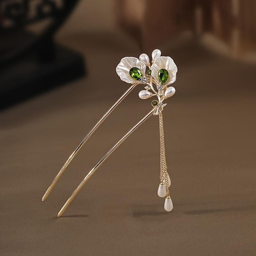 Flower hairpin, pearl and green bead tassel hair accessory, exquisite new Chinese style hair accessory hairpin