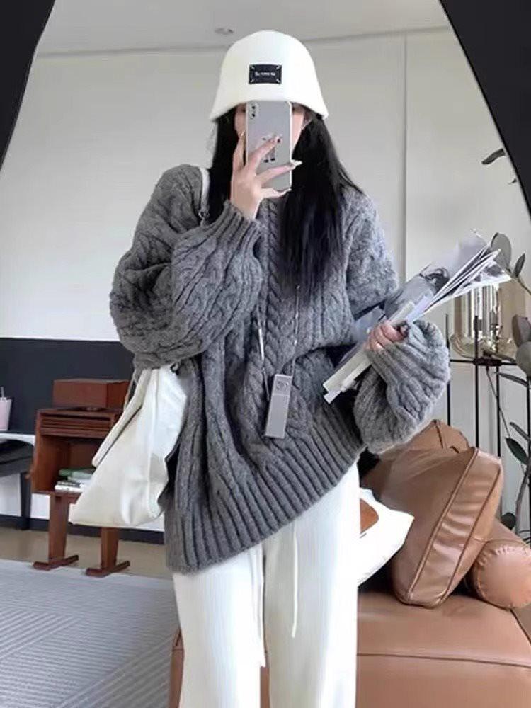

Women s Retro Cable Knit Pullover: Thickened Round Neck, Loose Fit, Lantern Sleeves, Perfect for Autumn and Winter.