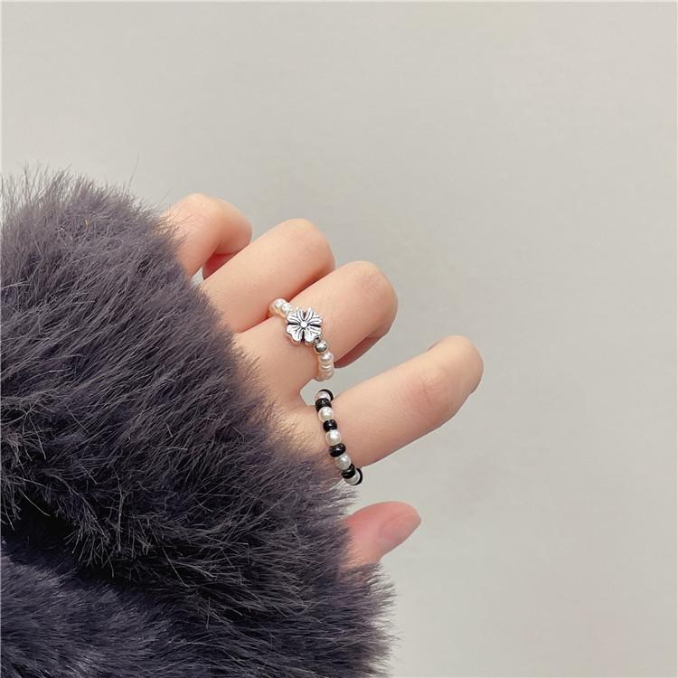 Korean Retro Geometric Heart & Clover Crystal Pearl Ring
