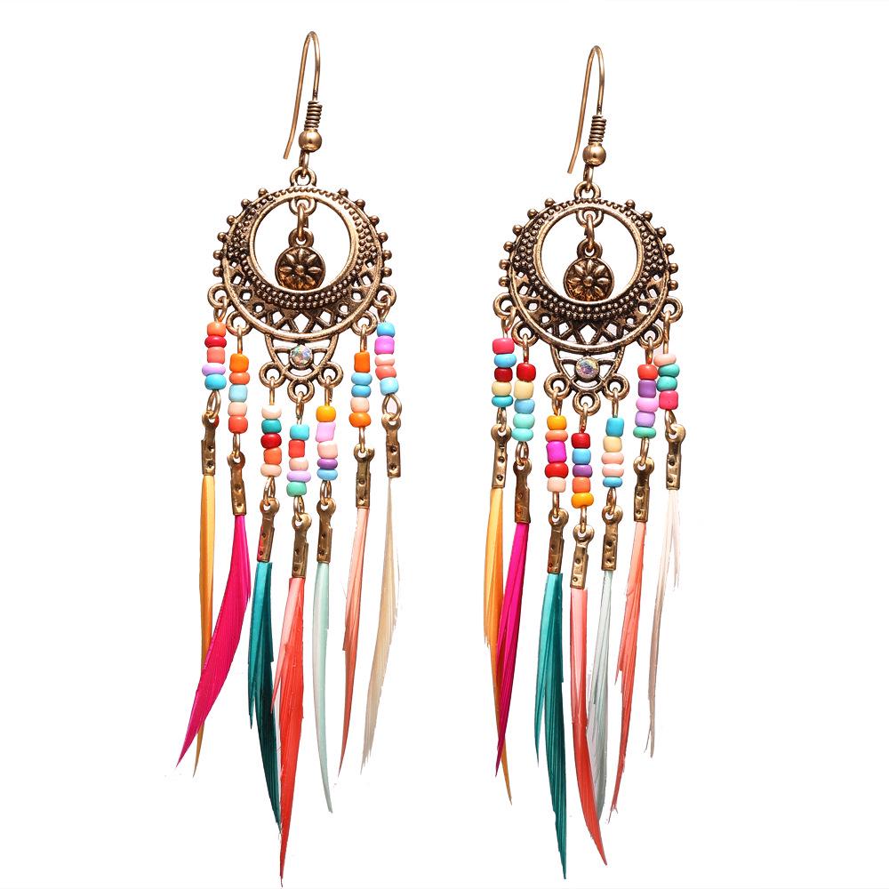 Retro Ethnic Style Hollow Out Carving Colors Beads Feather Tassel Earrings