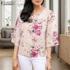 ZANZEA Damen Casual Rundhals 3/4 Ärmel Schlitzsaum Flora bedruckte Bluse