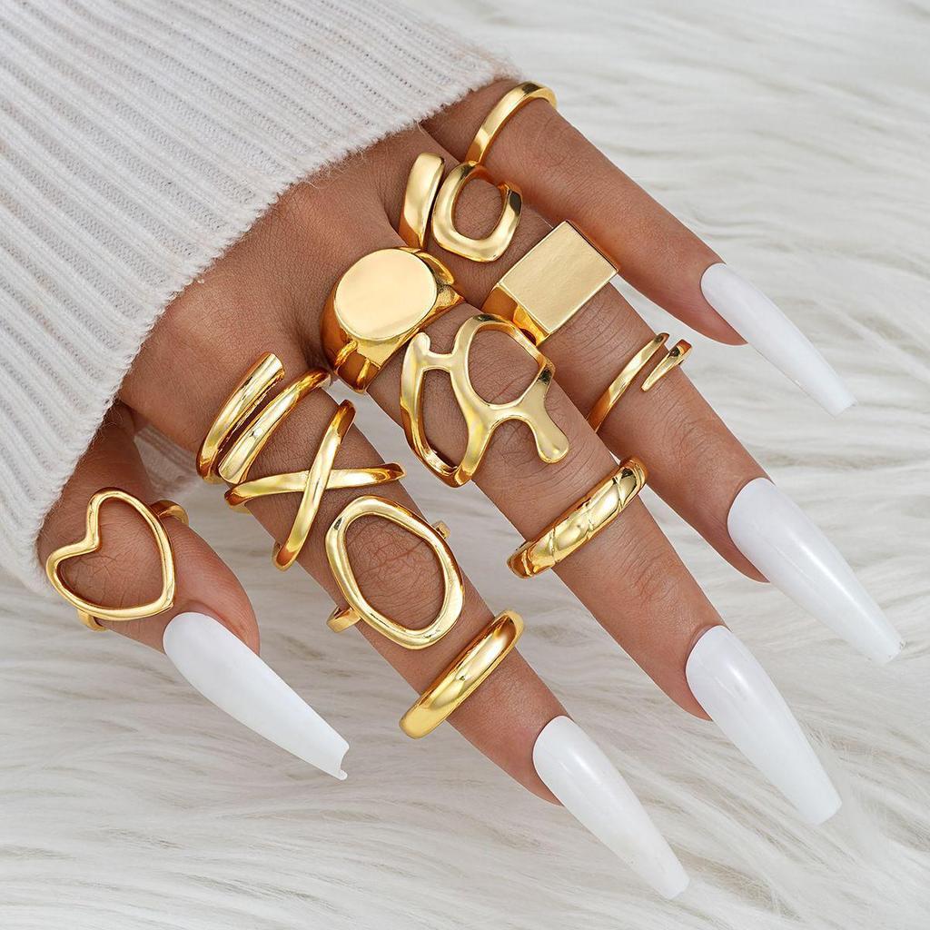 European & American Metal Texture Ring Set: Smooth, Exaggerated Geometric Open Rings for Women