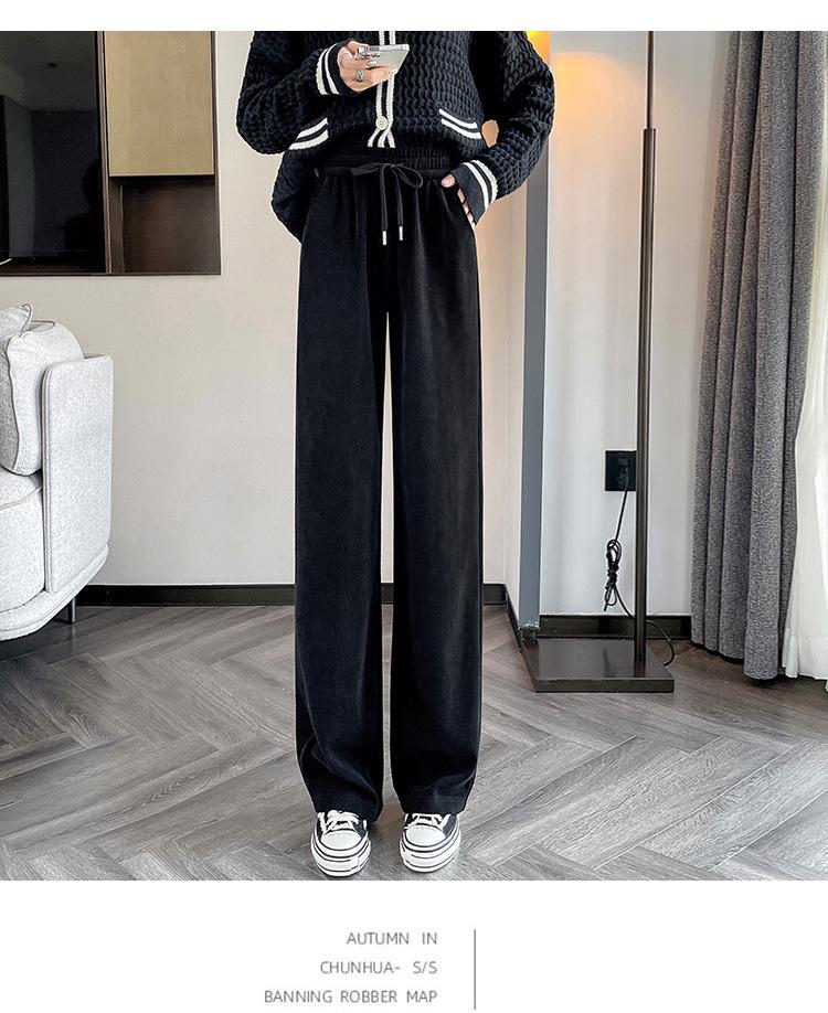 Women's Plus Size Winter 2025 High Waist Wide Leg Fleece-Lined Black Chenille Sweatpants