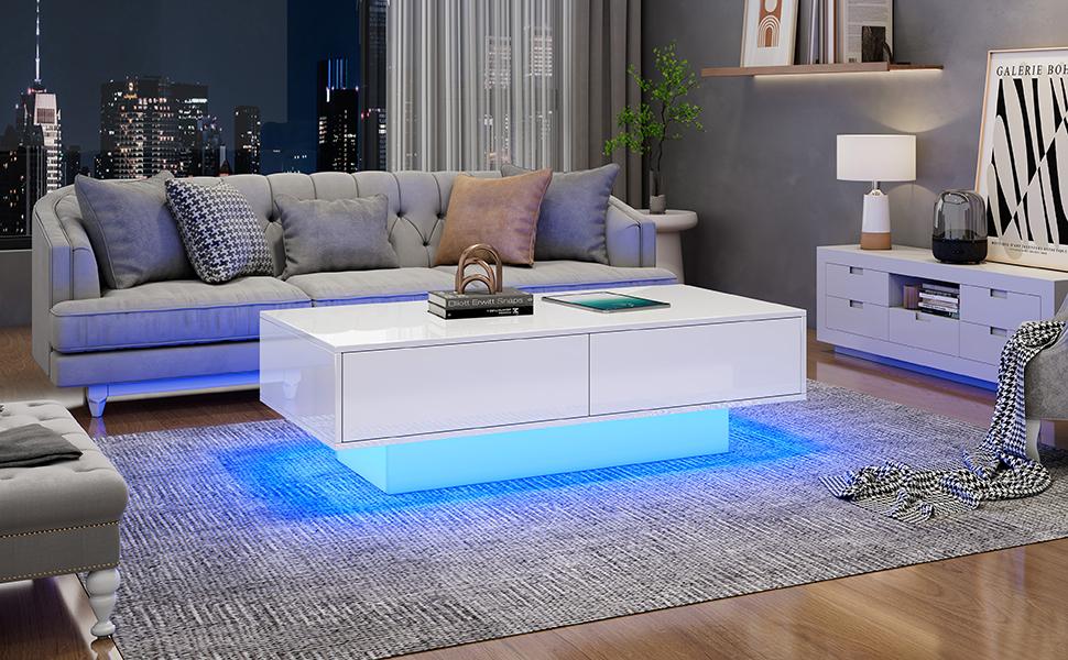 Modern High-Gloss Coffee Table in White, 115 x 55 x 34 cm, with 2 Drawers, LED Lighting and 30 kg Load Capacity – Elegant Living Room Table