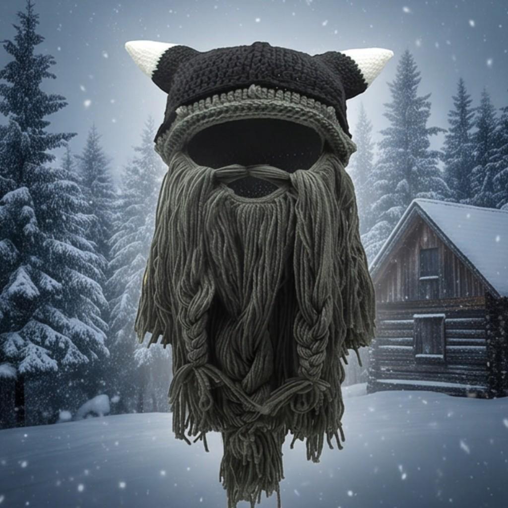Gestrickte Wikinger-Bart-Mütze mit Bullenhörnern