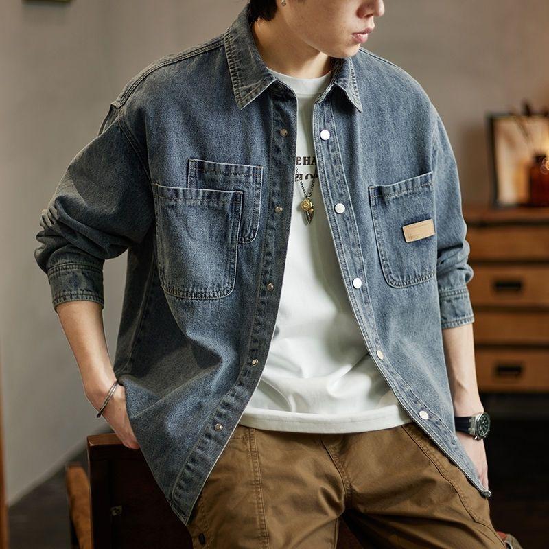 American Vintage Wash Autumn Denim Jackets Cargo Men Lapel Solid Pockets Single Breasted Trend Long Sleeve Loose Cowboy Coats