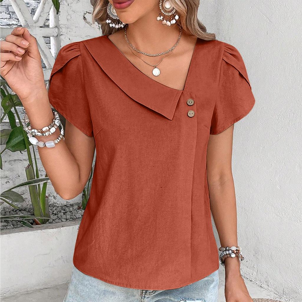 Women Spring Summer Cotton T Shirts Casual Asymmetrical Collar Short Sleeve Blusas Tops Solid Color Loose Fit Summer Tops 2025