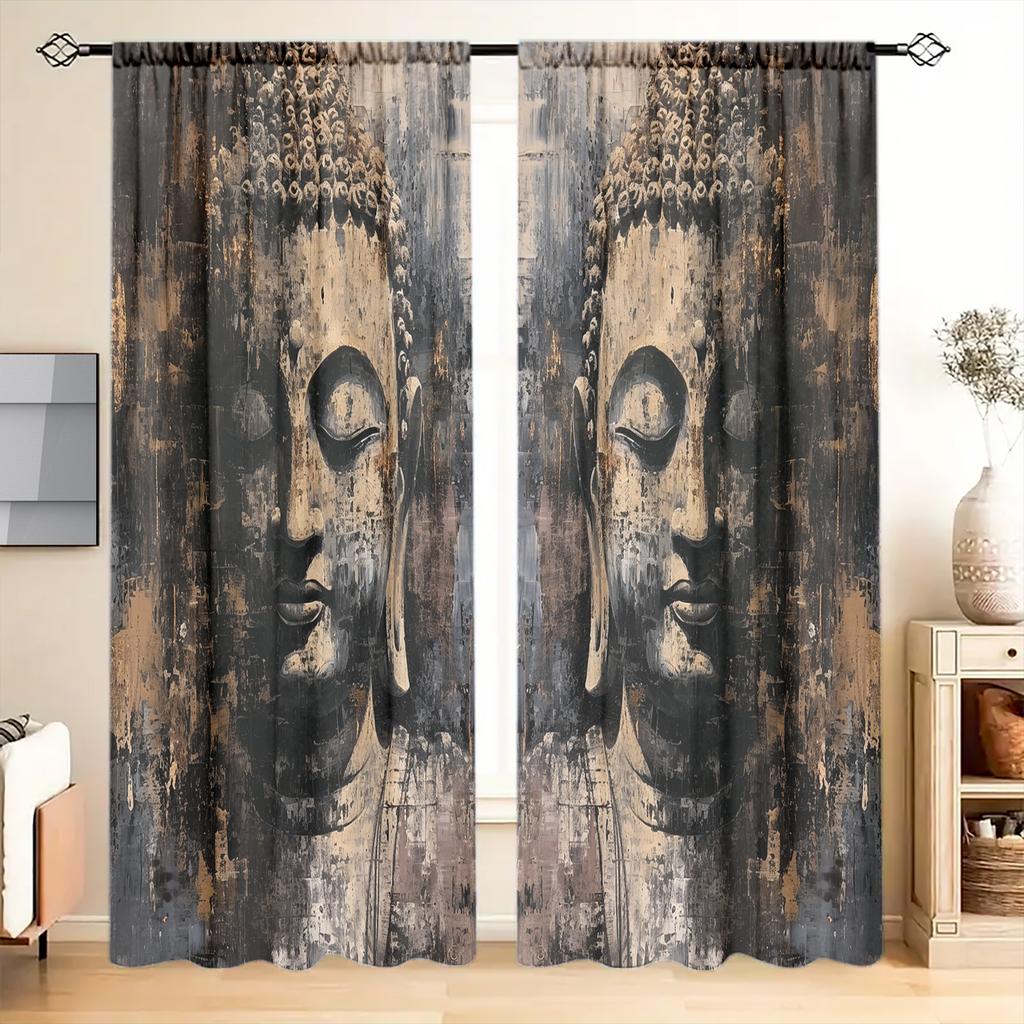 2 szt. Uroczysty posąg Buddy Obraz olejny Drukowana zasłona do dekoracji domu - Kieszeń na karnisz Dekoracja okienna do sypialni, biura, kuchni