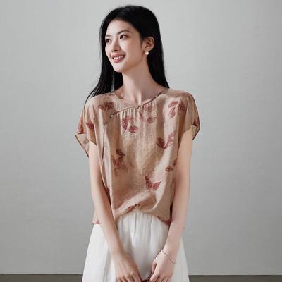SOFSIL 2026 Summer New Chinese Style Floral Print Short Sleeve Round Neck Blouse