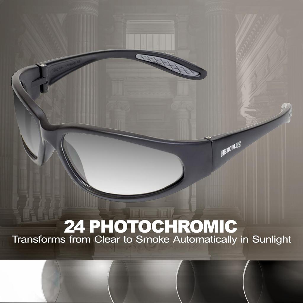 GLOBAL VISION Hercules1 24 Photochromic Durable ANSI UV400 Global Vision Eyewear Motorcycle Goggles Sunglasses, High-Strength, Frame, Z87.1 Lenses,
