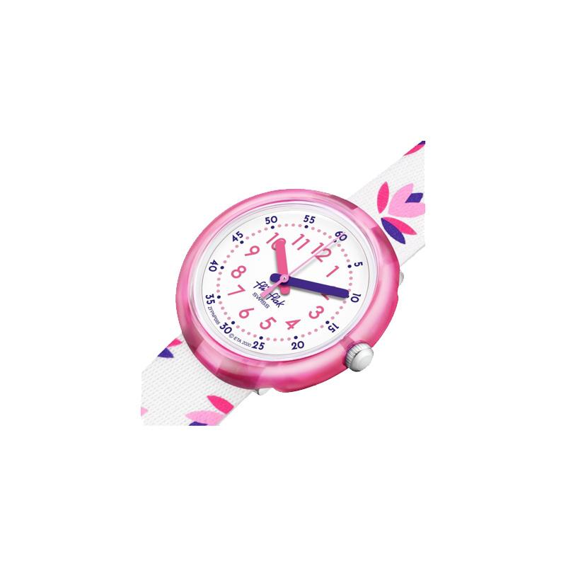 Swatch Flik Flak Feifei Serie Quarzwerk 30 Meter wasserdicht Kinder Schweizer Uhr 31,85*35mm weißes Zifferblatt Kunststoffgehäuse Stoffarmband ZFPNP095