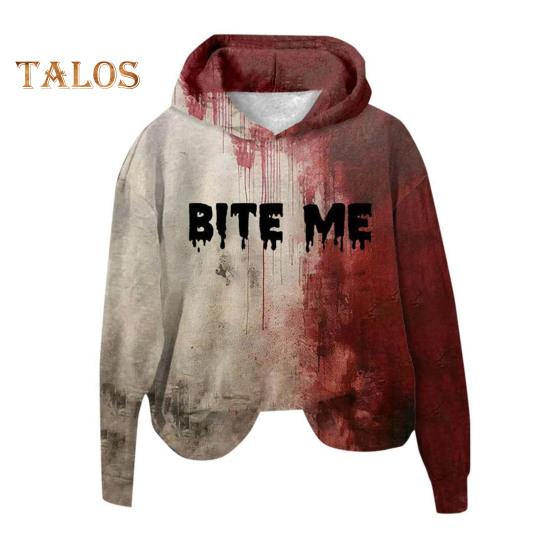 Women Hoodie 3D Bloodstain Print Halloween Vintage Haunted House Cosplay Top Hooded Long Sleeves Loose Hoodie