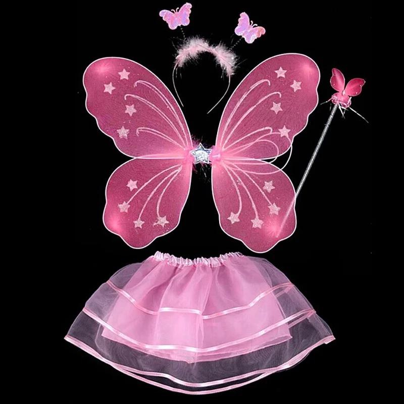 

4Pcs/set Kids Baby Girl Fairy Princess Costume Photo Outfit Colorful Butterfly Wing Wand Headband Tutu Skirt Clothes Set
