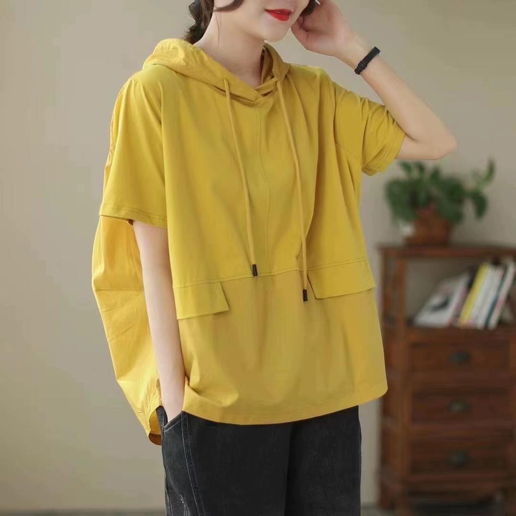 Dimanaf 2025 Summer T-shirt Hoodies Sweatshirts Pullovers Patchwork Tops Women Loose Casual Yellow Solid Cotton