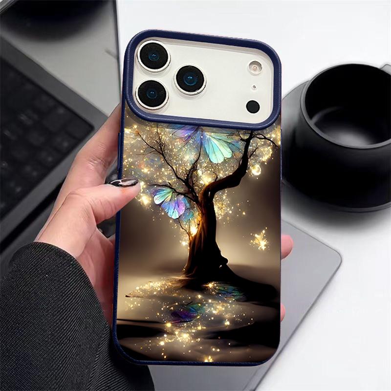 Shining Fantasy Tree Butterfly Pattern Case For iPhone 17 Pro Max iPhone 16 Pro Max 15 14 13 12 11 16E Air Luxury Leather Texture Silicone Cover