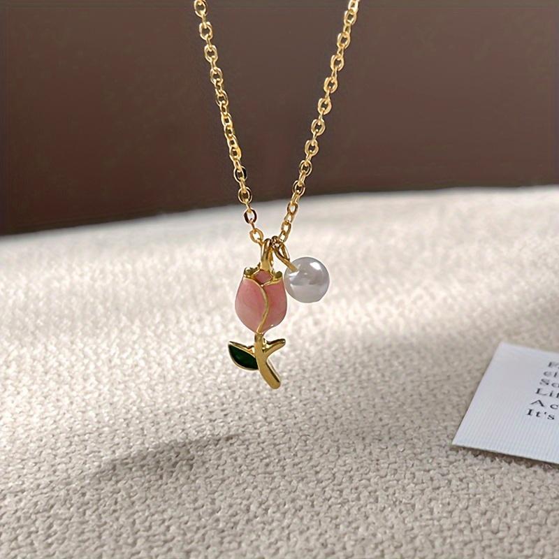 Elegant 14K Gold Plated Golden Plated Tulip Pendant Necklace with Pink & White Imitation Imitation Pearl, Golden-Tone Alloy Chain Collarbone Jewelry f золотистый