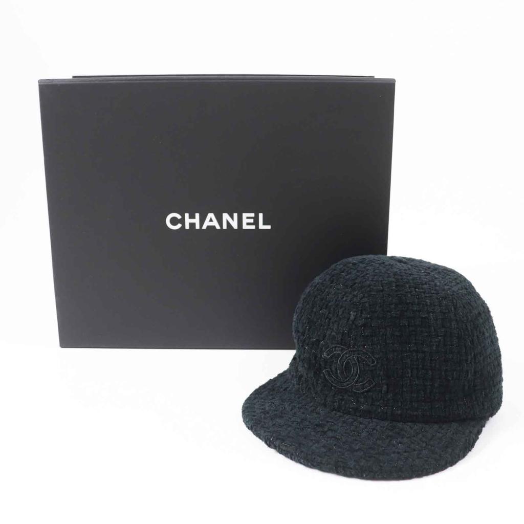 Excellent CHANEL cap COCO Mark Fantasy Tweed Black glitter cotton Women M 22B  Used