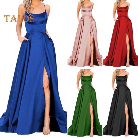 Abendkleid Spaghettiträger Hoher Schlitz Schulterfrei Rückenfrei Ärmellos Seitentaschen A-Linie Bodenlang Satin Reine Farbe Abschlussball Bankett Party Maxi