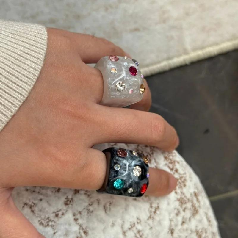 New Colorful Resin Geometric Square Ring Colorful Diamond Inlay Fashion Trend Ring for Women Girls Elegant Aesthetic Jewelry