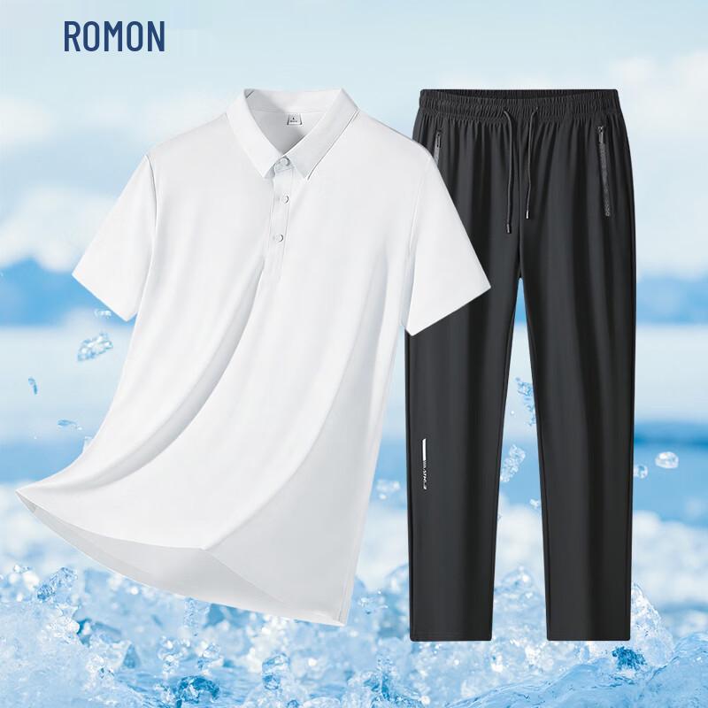 ROMON Men s Seamless Ice Silk Polo T-Shirt & Casual Pants Two-Piece Set 3XL