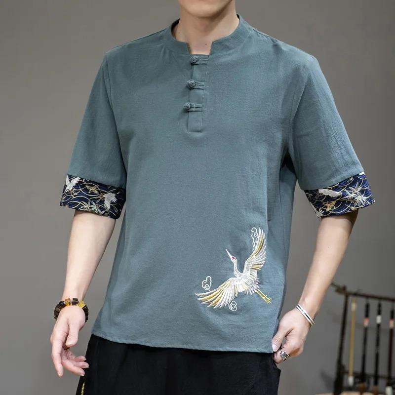 Camiseta de Linho Estilo Chinês com Botão de Disco Masculina Verão Manga Curta Camisa Tang Solta Tamanho Grande Camiseta Kimono Japonês Masculino Novo