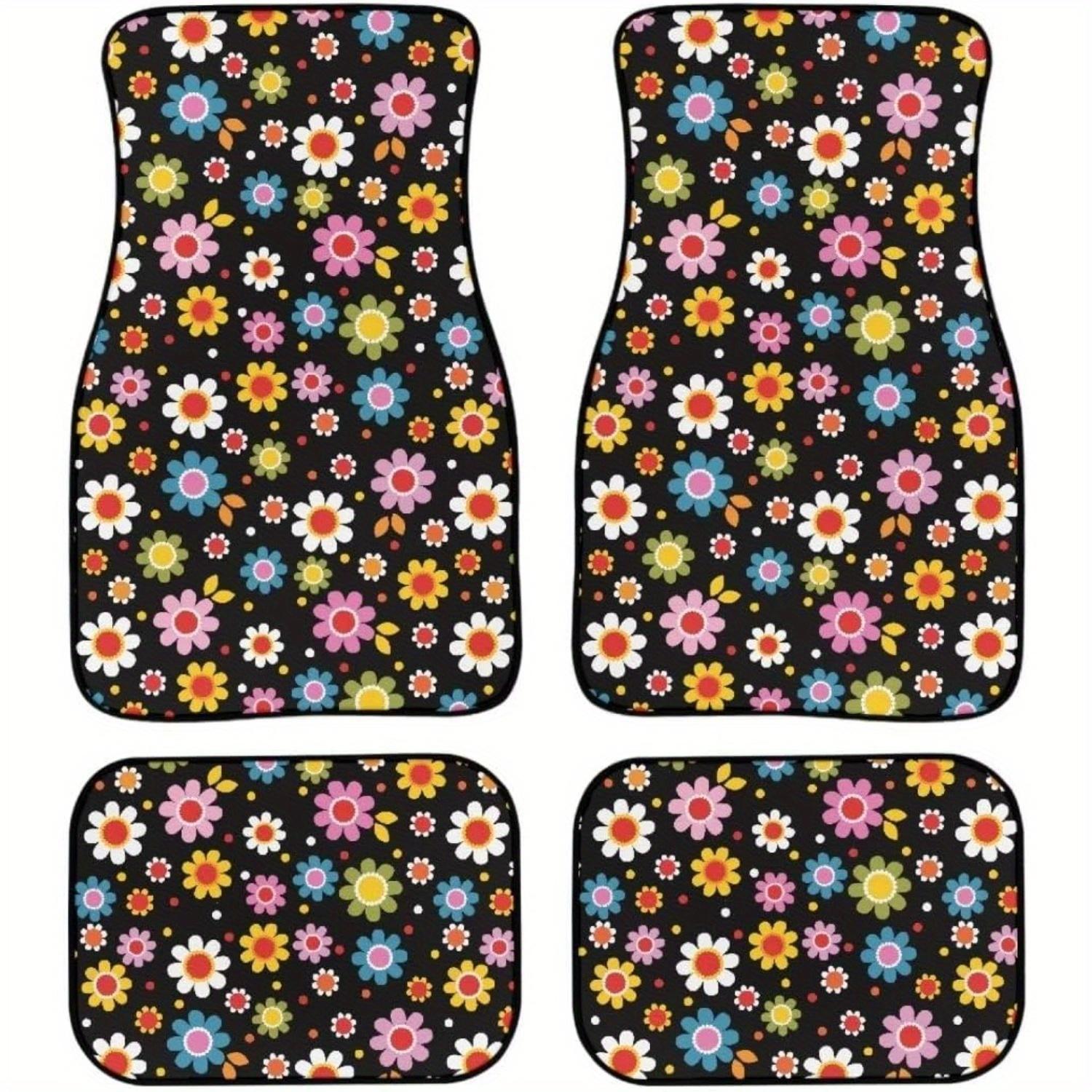 4pcs Heavy-Duty Rubber Car Floor Mats with Colorful Floral Print (PinkYellowOrange) - Fit for Cars,SUVs,Trucks - All-Weather Protection, Non-Slip Grip