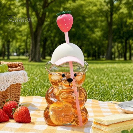 Set di Testa di Paglia Cartoon Orsetto Carino Tazza di Vetro con Coperchio, Bottiglia d'Acqua in Plastica/Vetro da 500/591ml per Grandi Capacità Bevande Fredde/Calde, Motivo Caffè